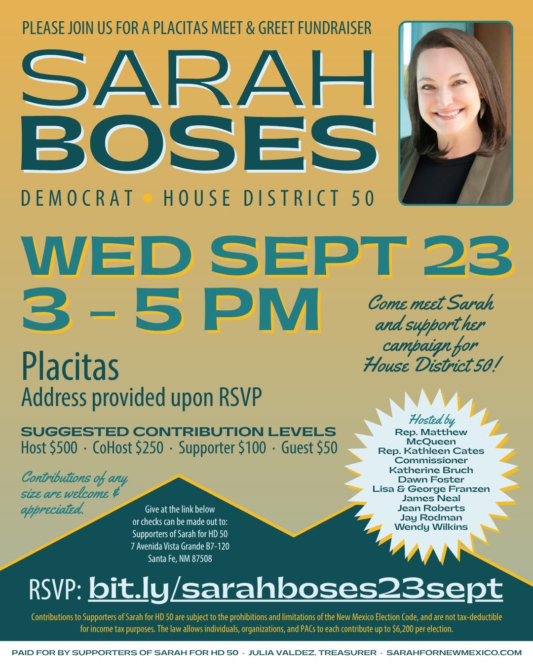 Flier: Please join us for a Placitas Meet & Greet Fundraiser for Sarah Boses, Democrat, House District 50 — Wednesday, September 23, 3-5 PM, Placitas, address provided upon RSVP